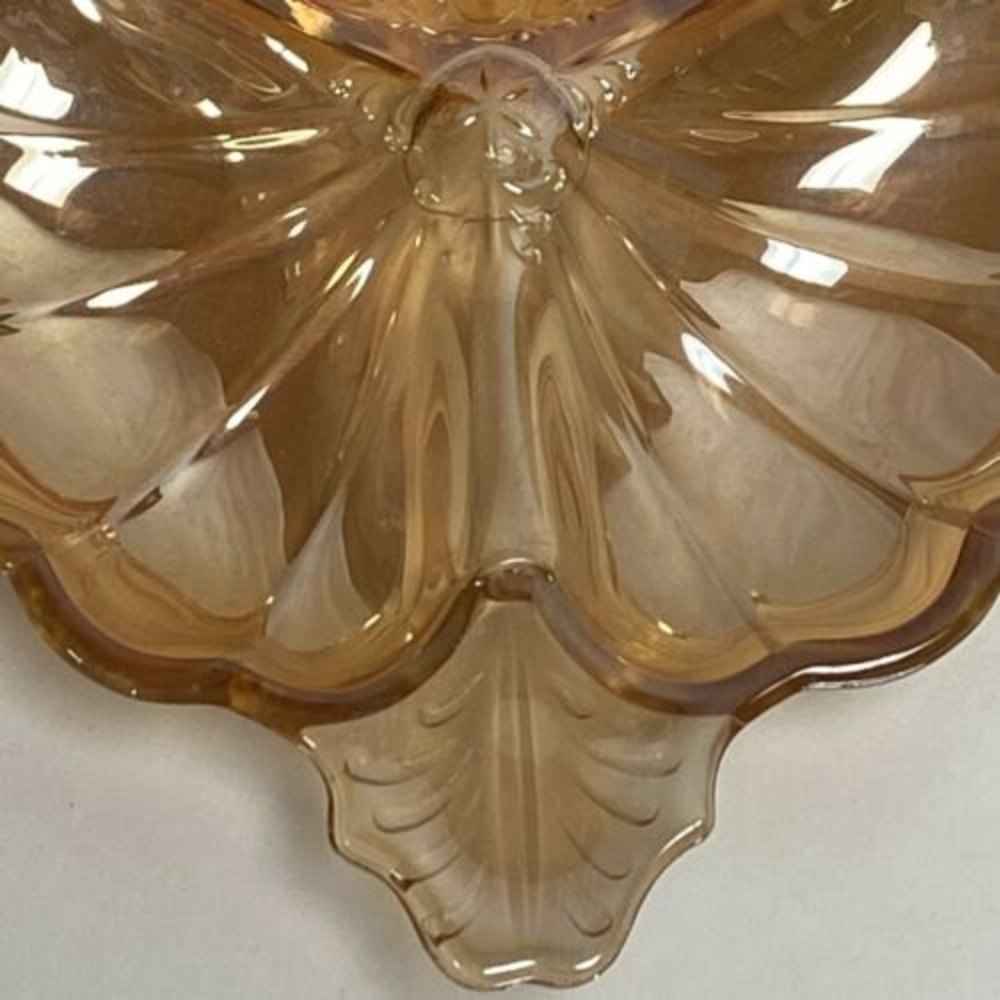 Jeannette Glass Marigold Iridescent Carnival Glass Doric Clover Leaf Candy Dish - Picture 5 of 11
